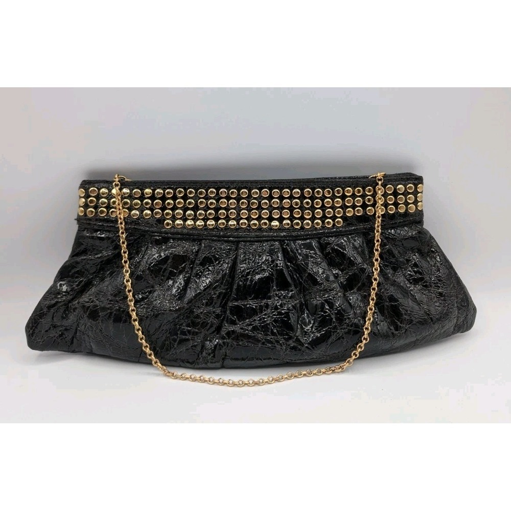 Steve Madden Black Patent Clutch Purse Gold Studded Chain Strap Y2K Evening Bag
